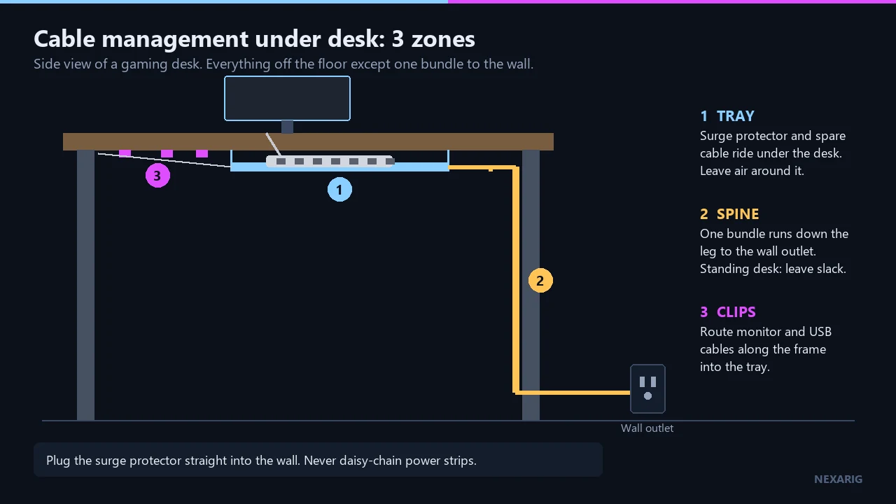 Diagram of an under-desk cable setup in three zones: a tray holding the surge protector, a vertical cable spine, and adhesive clips along the desk frame