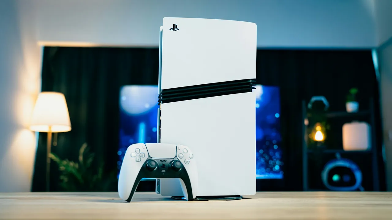 PlayStation 5 Pro console and DualSense controller standing on a wooden table