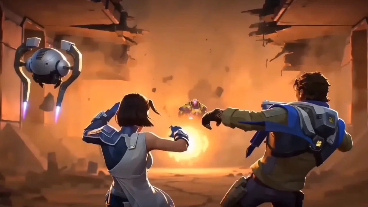 Two heroes seen from behind and a hovering drone facing an armored enemy in a ruined corridor lit by an explosion