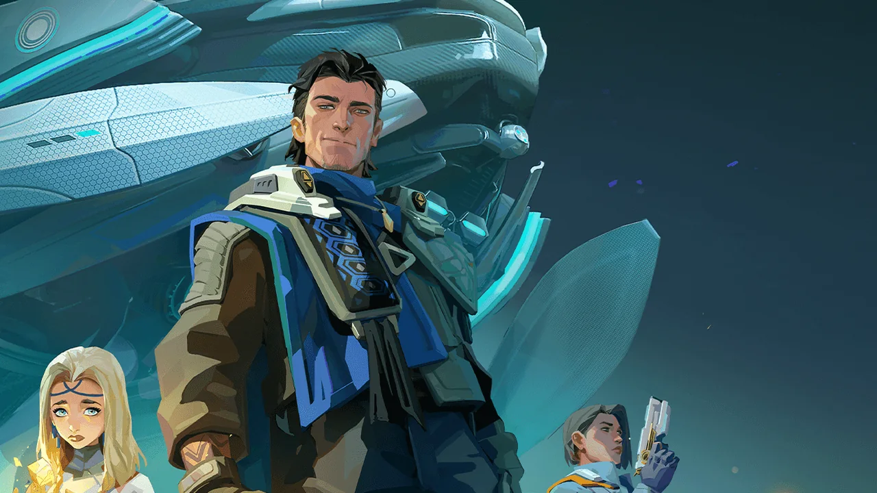 Foundation: Galactic Frontier crew leader in a blue cloak with two crewmates in front of a starship