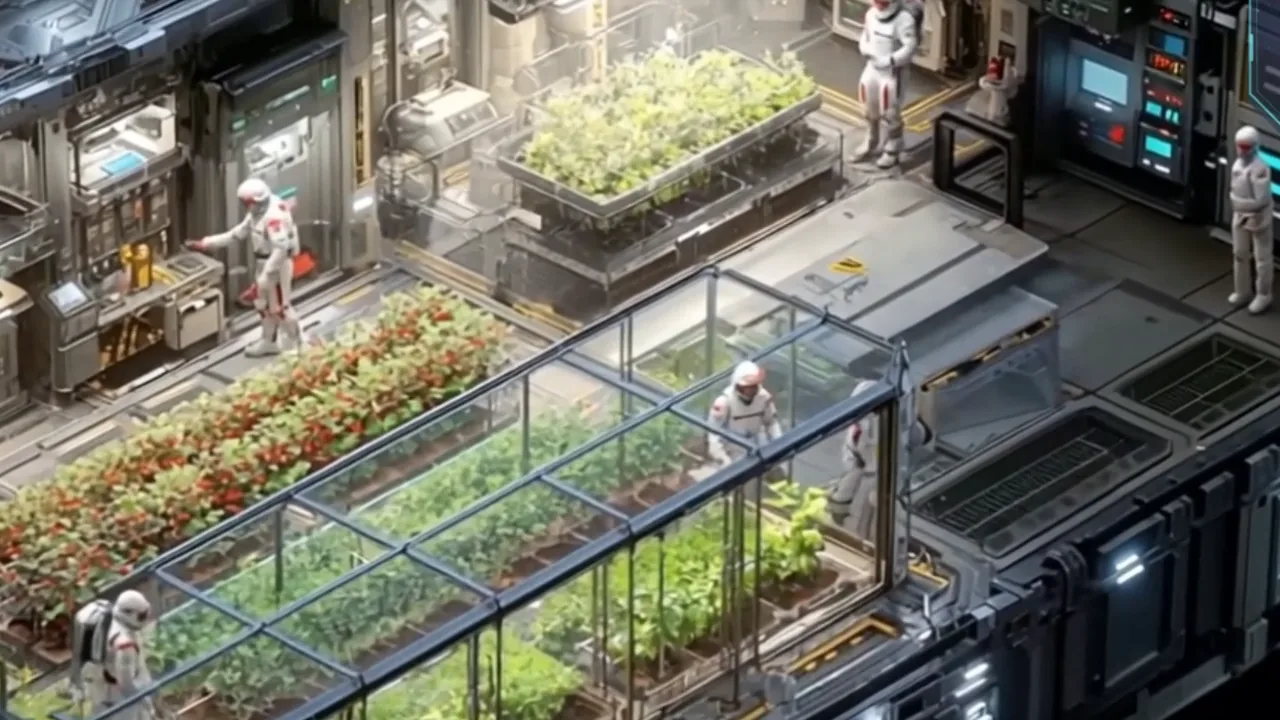 A greenhouse cabin with crew members in white suits aboard a spaceship, seen in an isometric view