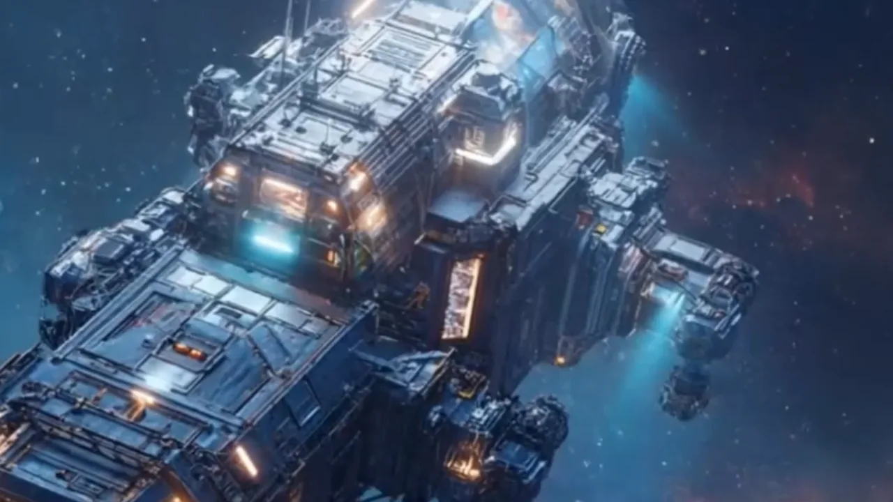 A heavily armored starship flying through space