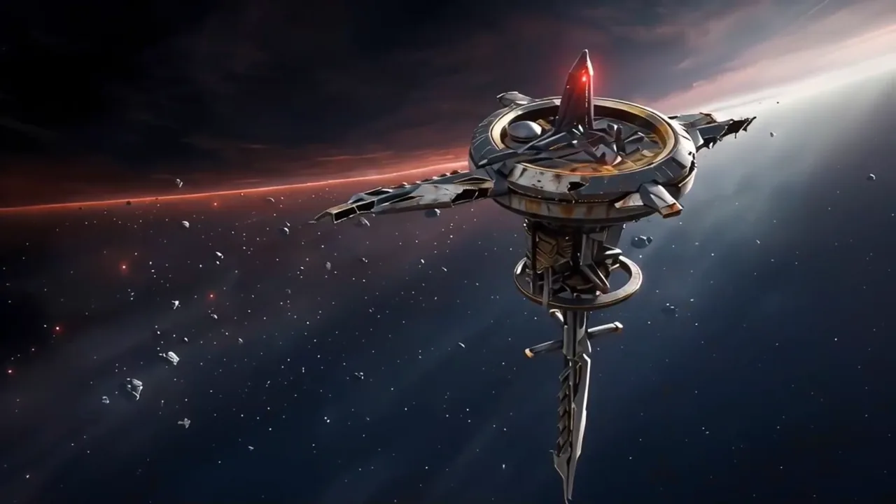 A ring-topped spacecraft with a long spire drifting through an asteroid field in front of a glowing planet horizon