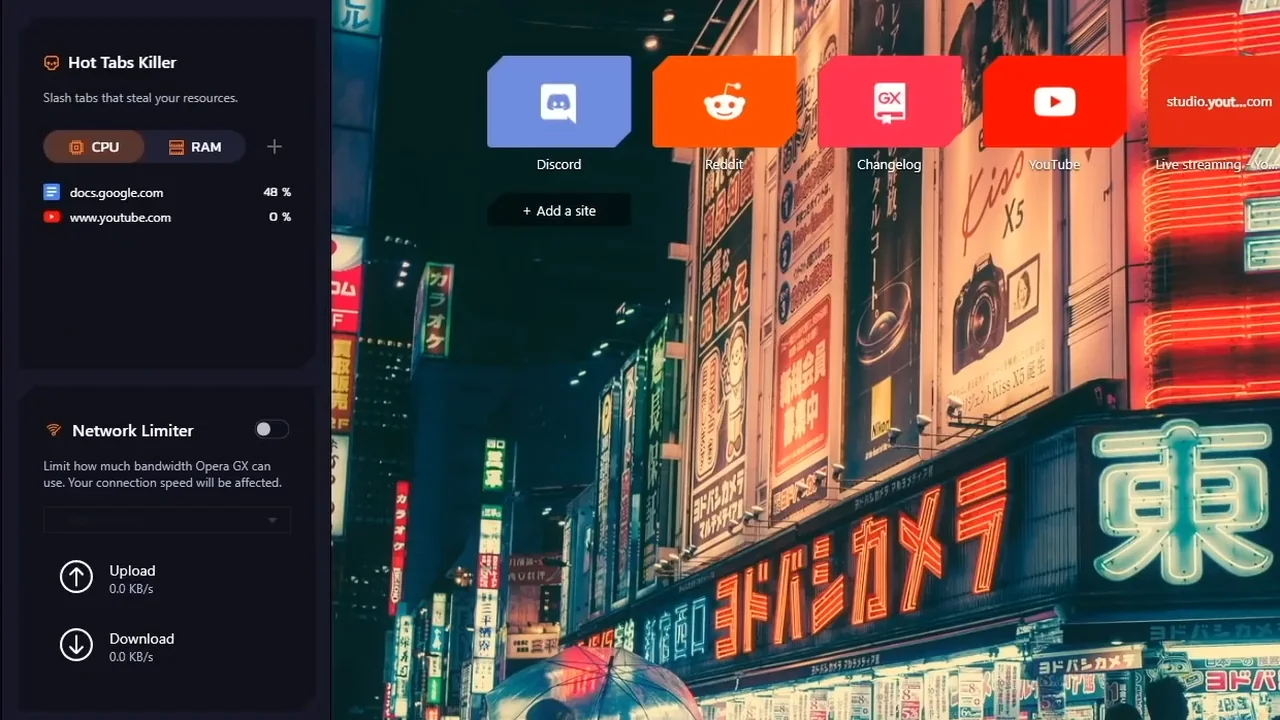 Opera GX's GX Control panel showing Hot Tabs Killer and the Network Limiter, beside a neon street start page