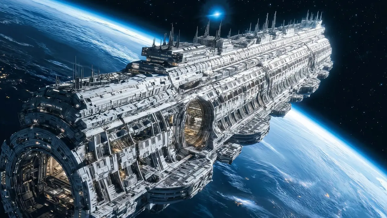 Promotional artwork of a huge white spaceship orbiting Earth
