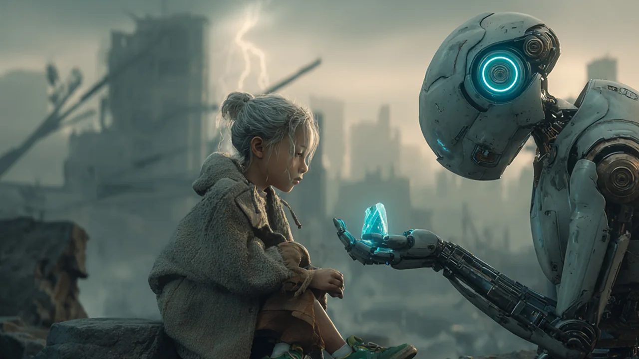 Promotional artwork of a young girl in a ruined city holding out her hand to a tall robot with a glowing cyan eye and crystal