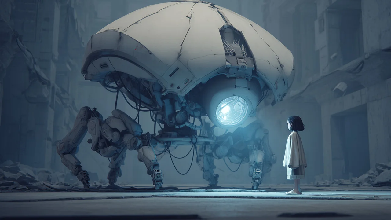 Promotional artwork of a girl in white standing before a giant legged walker machine glowing blue in a ruined hall