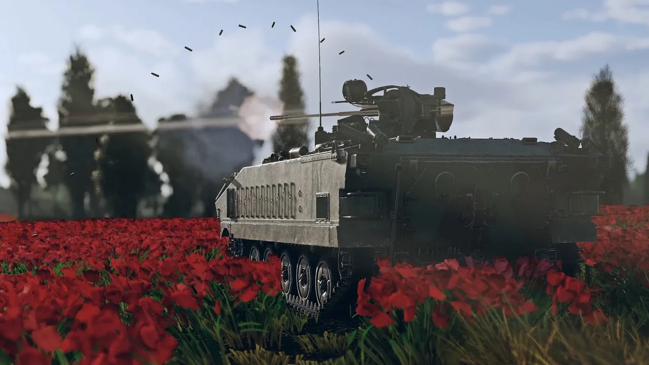 A tracked armored vehicle rolls through a field of red flowers in War Thunder promotional footage