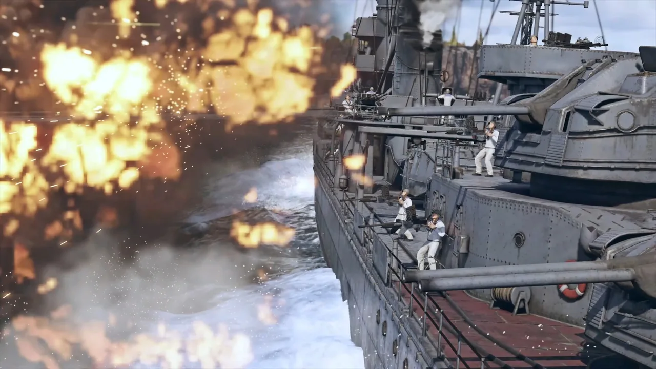 A warship with gun turrets and crew beside an explosion in War Thunder promotional footage